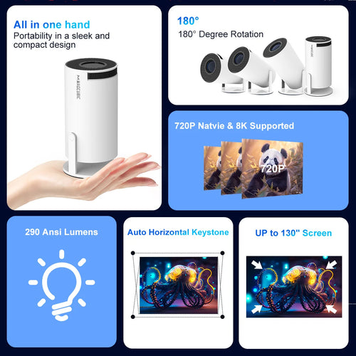 Mini projecteur Magcubic prenant en charge la résolution 8K 720P avec Wi-Fi 6 double bande 5G sans fil, Android 14, 290 ANSI 180 °   Vidéo rotative HY300 Pro
