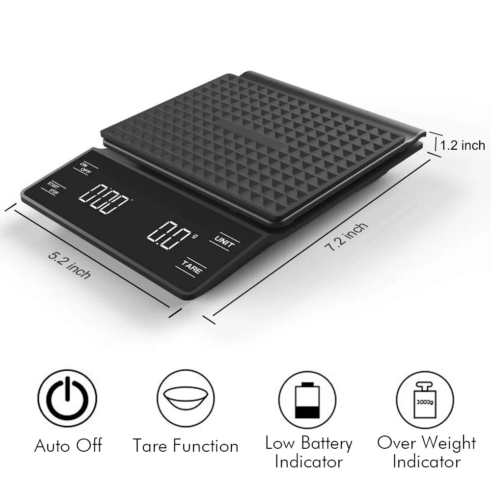Balance de Cuisine Numérique 3kg/0,1g – Minuterie, Tare, Affichage LED
