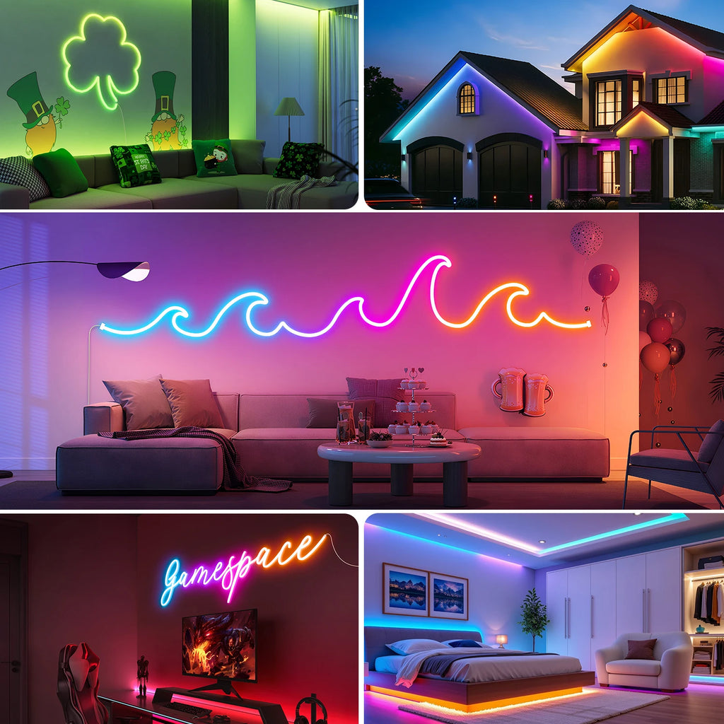 Ruban LED Néon RGB 30M/20M avec application et télécommande, étanche IP65, formes personnalisables, synchronisation musicale, fonction minuterie, pour décoration intérieure et extérieure, maison, fête, bar