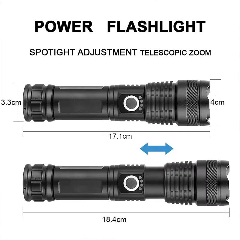 Lampe de Poche Tactique LED Rechargeable – Zoom Télescopique, 5 Modes