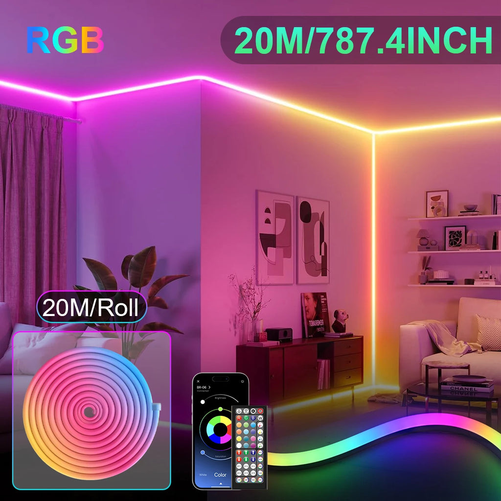 Ruban LED Néon RGB 30M/20M avec application et télécommande, étanche IP65, formes personnalisables, synchronisation musicale, fonction minuterie, pour décoration intérieure et extérieure, maison, fête, bar