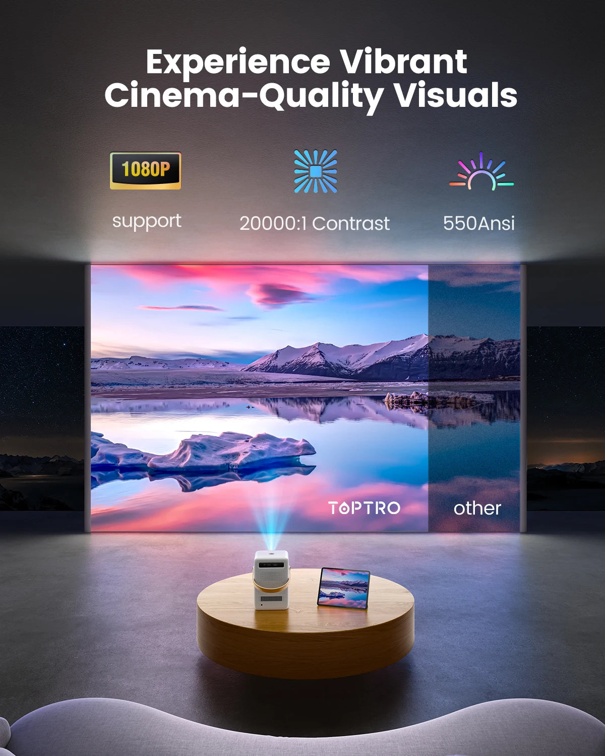 TOPTRO projecteur Android 9.0 1080P 380ANSI projecteur Portable 1280*720P Auto Keystone mise au point électrique batterie intégrée Home cinéma