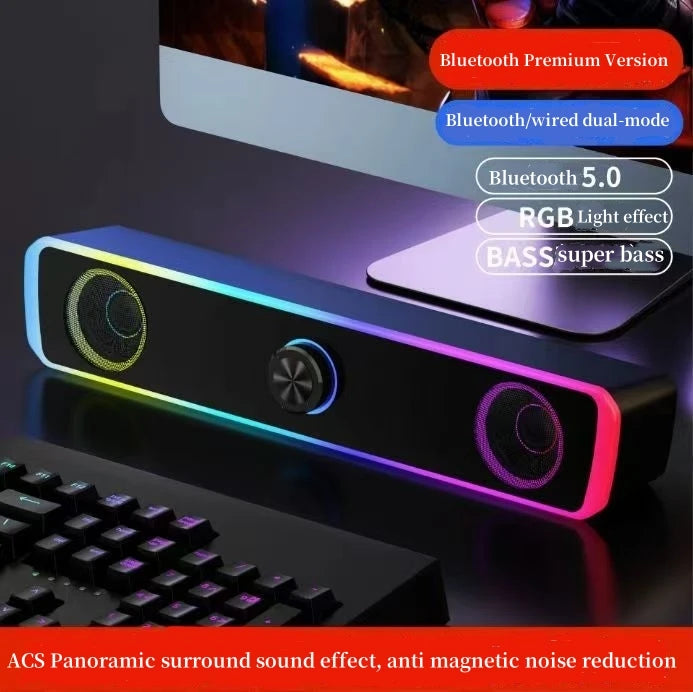 HOMEFISH Barre de son BT5.0, haut-parleur filaire et sans fil double mode, son surround 9D, basses stéréo, anti-interférence pour PC, TV, téléphone, jeux