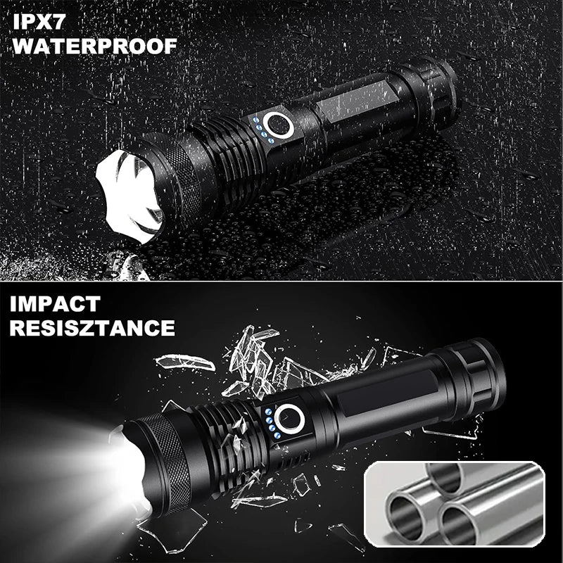 Lampe de Poche Tactique LED Rechargeable – Zoom Télescopique, 5 Modes