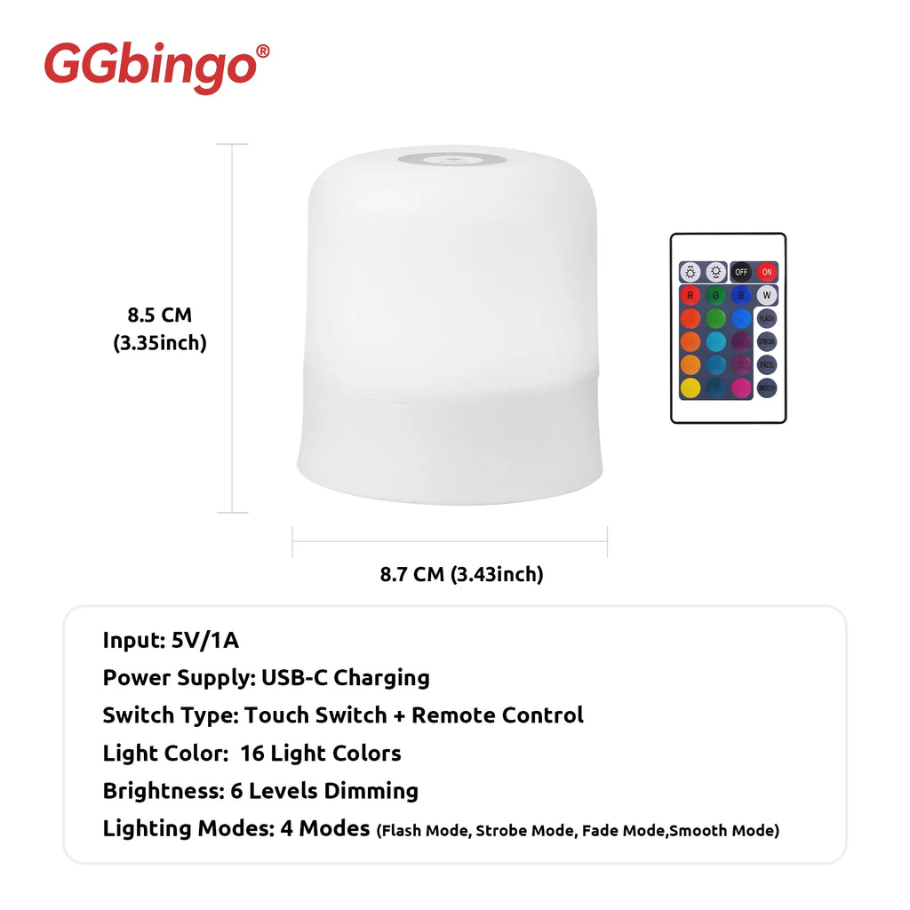 Veilleuse Tactile Rechargeable RGB – Télécommande, 16 Couleurs, Intensité Variable