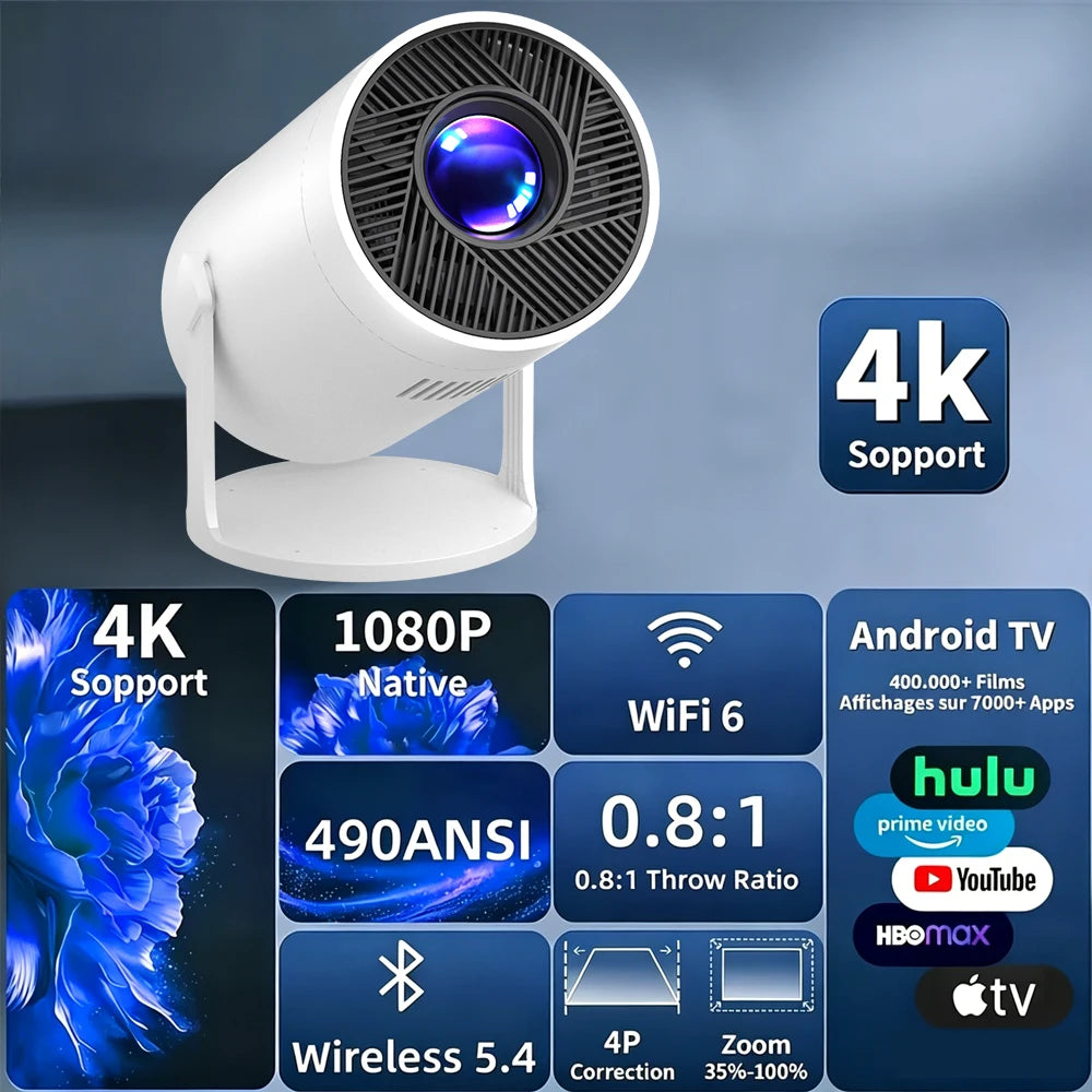 Projecteur intelligent portable avec correction automatique de la distorsion trapézoïdale pour une utilisation dans les bureaux, les chambres et les salons 180 °   Projection haute définition rotative, grand écran, visio