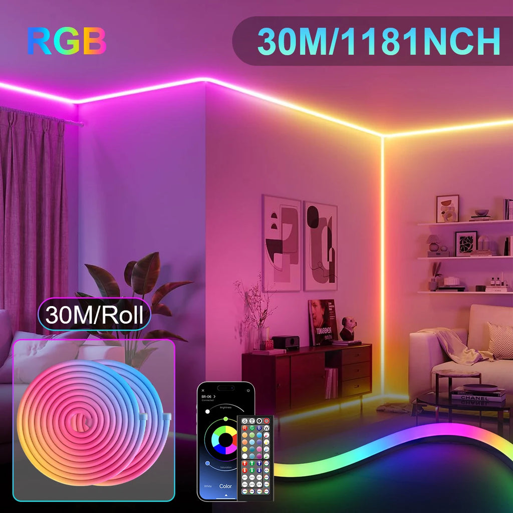 Ruban LED Néon RGB 30M/20M avec application et télécommande, étanche IP65, formes personnalisables, synchronisation musicale, fonction minuterie, pour décoration intérieure et extérieure, maison, fête, bar