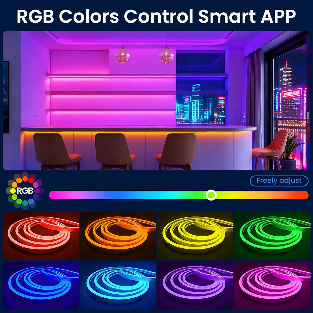 Ruban LED Néon RGB 30M/20M avec application et télécommande, étanche IP65, formes personnalisables, synchronisation musicale, fonction minuterie, pour décoration intérieure et extérieure, maison, fête, bar