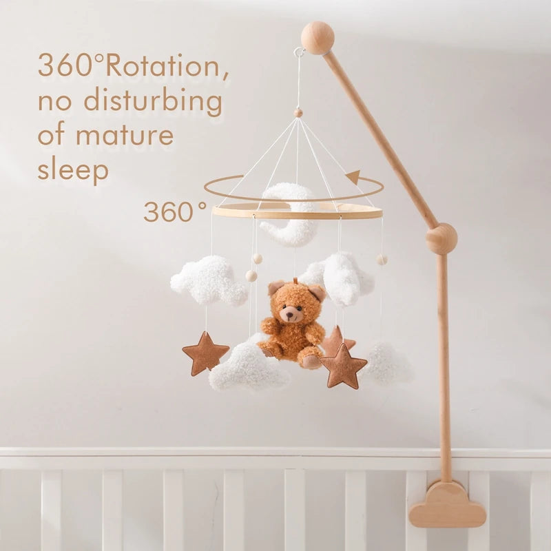 Lit de bébé Mobile en bois, hochet, jouet en feutre doux, ours de dessin animé, support Mobile, boîte à musique pour nouveau-né, cloche de lit, support suspendu