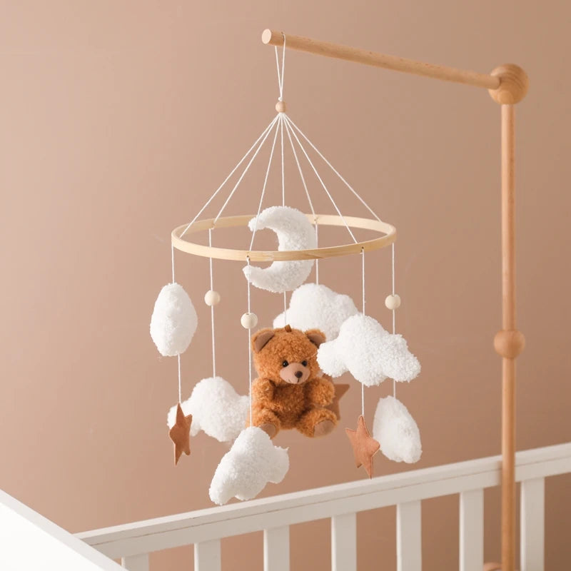 Lit de bébé Mobile en bois, hochet, jouet en feutre doux, ours de dessin animé, support Mobile, boîte à musique pour nouveau-né, cloche de lit, support suspendu