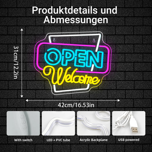 Enseigne néon 'Open Welcome', Enseigne néon 'Open', Lettre lumineuse néon 'Open' colorée, Publicité néon USB à intensité variable pour Vitrine de magasin, Fête, Bar, Salon, Café