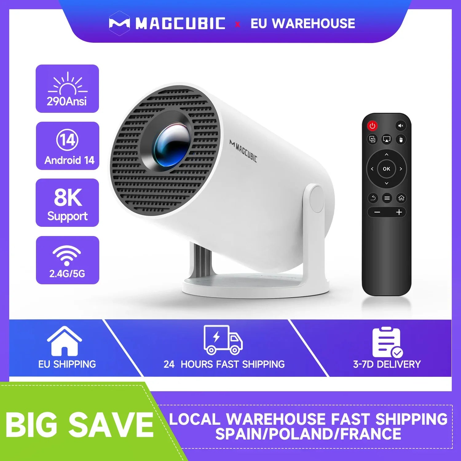 Mini projecteur Magcubic prenant en charge la résolution 8K 720P avec Wi-Fi 6 double bande 5G sans fil, Android 14, 290 ANSI 180 °   Vidéo rotative HY300 Pro