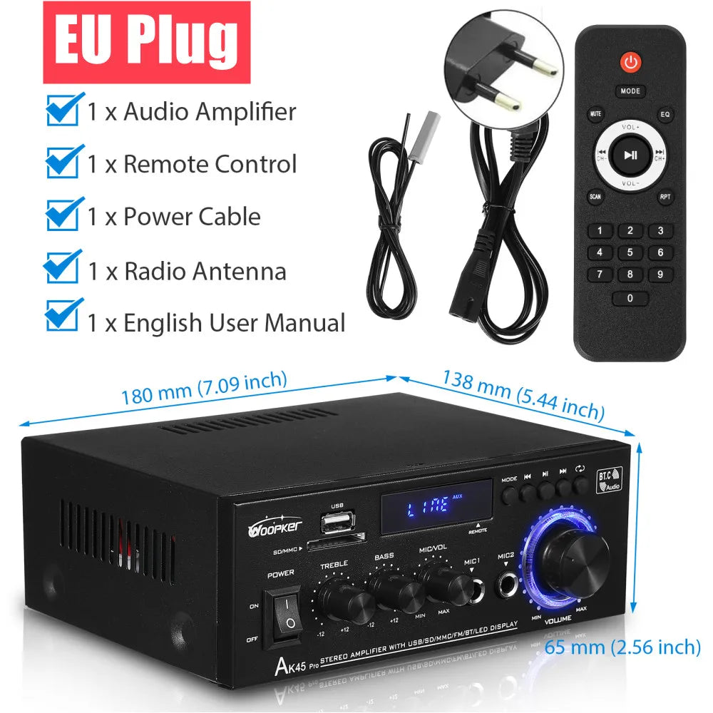 Woopker AK35/AK45/AK45 Pro/AK55 amplificateur numérique amplificateur de son Bluetooth 2 canaux HIFi FM USB amplificateur Audio pour maison voiture karaoké
