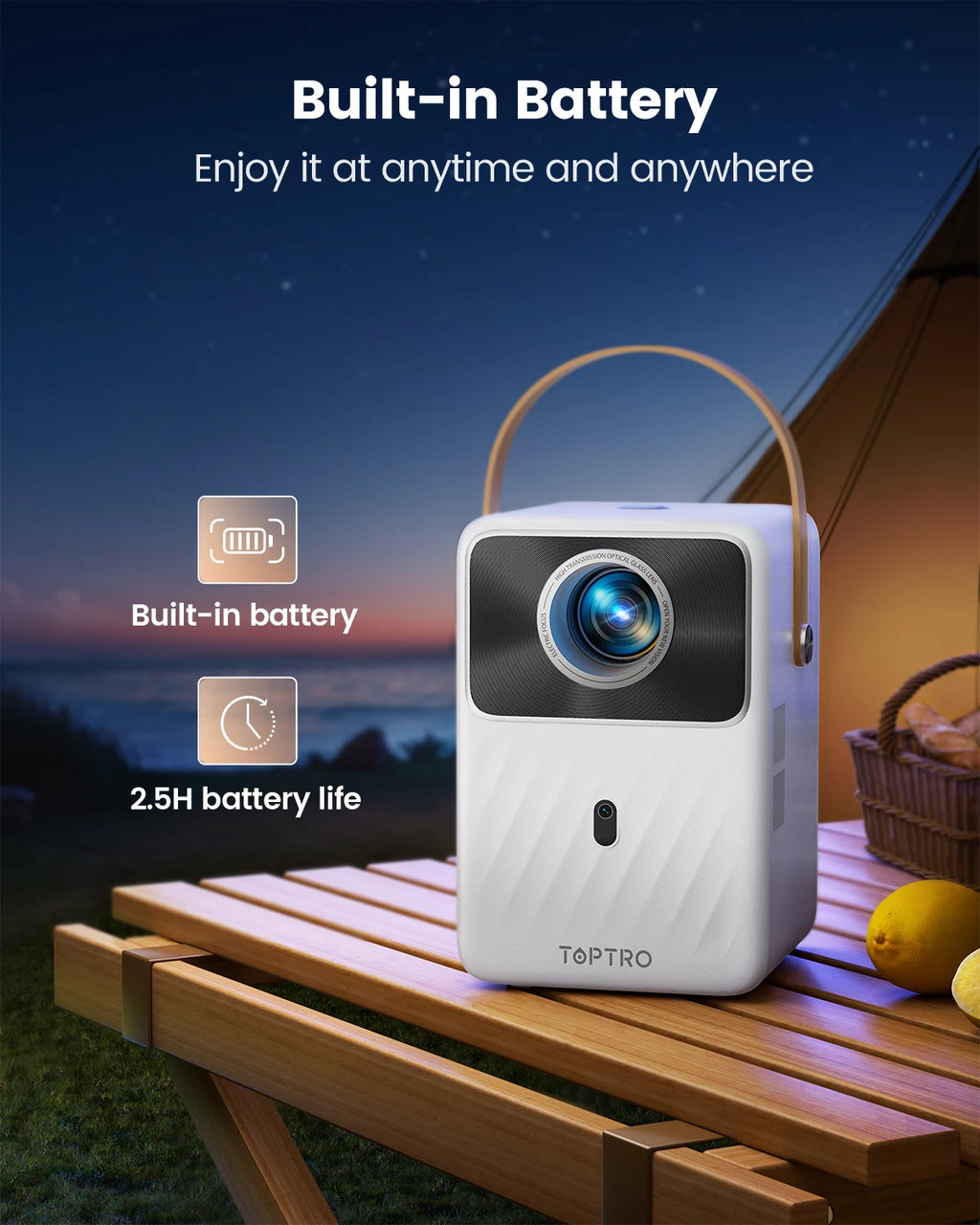 TOPTRO projecteur Android 9.0 1080P 380ANSI projecteur Portable 1280*720P Auto Keystone mise au point électrique batterie intégrée Home cinéma