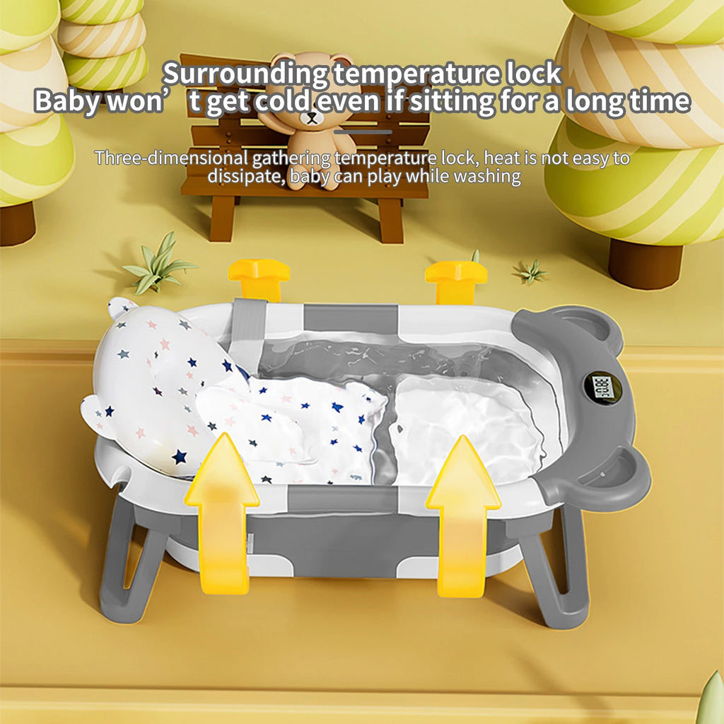 Baignoire pliable pour bébé avec thermomètre, tapis de bain antidérapant, coussin de soutien, baignoire de douche portable pour nouveau-né de 0 à 15 mois, piscine de bain de voyage