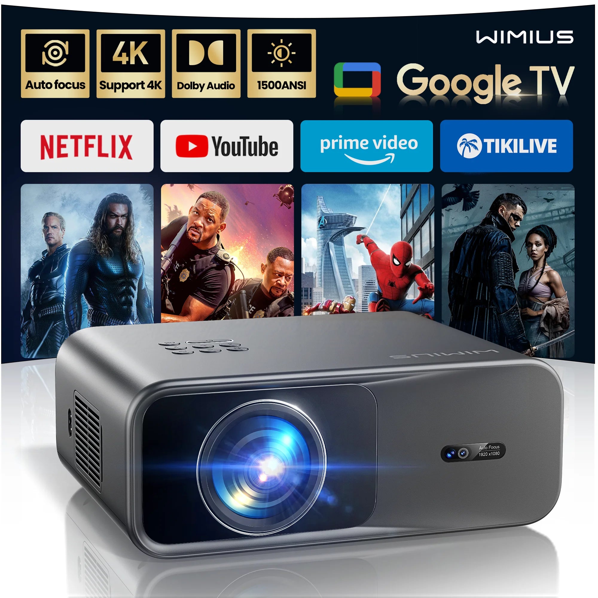 Projecteur Wimius 4K 1200ANSI Google TV BT5.2 projecteurs Full HD 1080P Keyston Beamer 20W haut-parleurs projecteur Laser Home cinéma