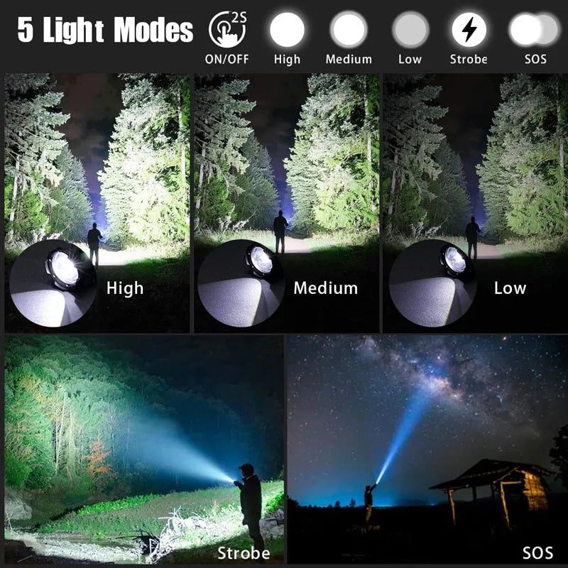 Lampe de Poche Tactique LED Rechargeable – Zoom Télescopique, 5 Modes