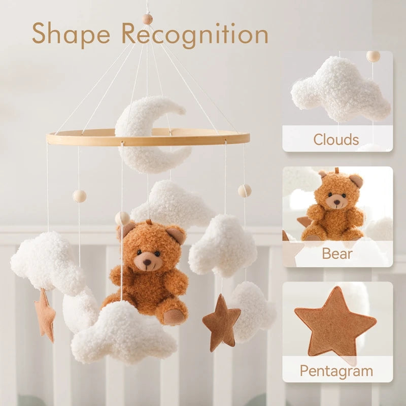 Lit de bébé Mobile en bois, hochet, jouet en feutre doux, ours de dessin animé, support Mobile, boîte à musique pour nouveau-né, cloche de lit, support suspendu