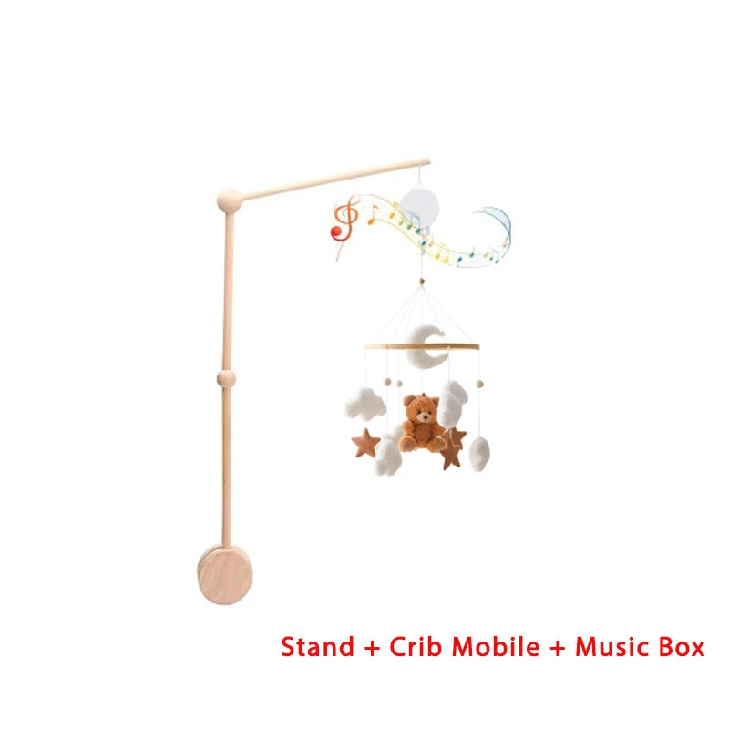 Lit de bébé Mobile en bois, hochet, jouet en feutre doux, ours de dessin animé, support Mobile, boîte à musique pour nouveau-né, cloche de lit, support suspendu
