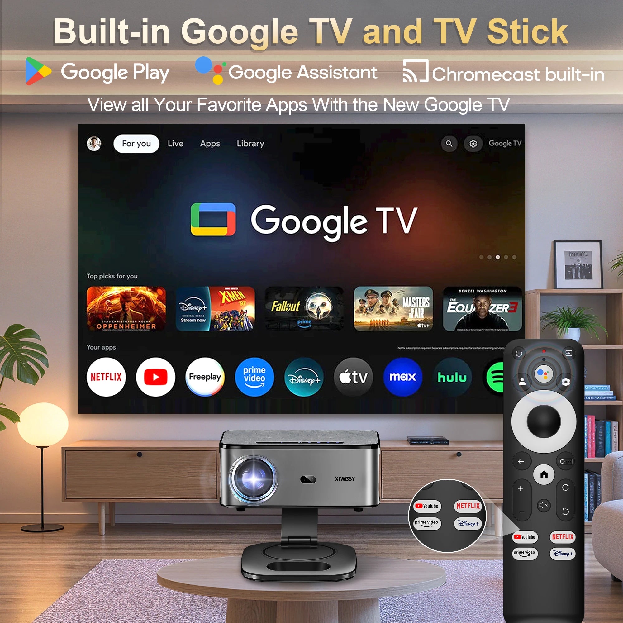 Projecteur de films 4K XIWBSY 2026 42000 Lumens WiFi6 Google TV Projecteur Vidéo BT5.4 Home Cinéma pour Netflix Beamer