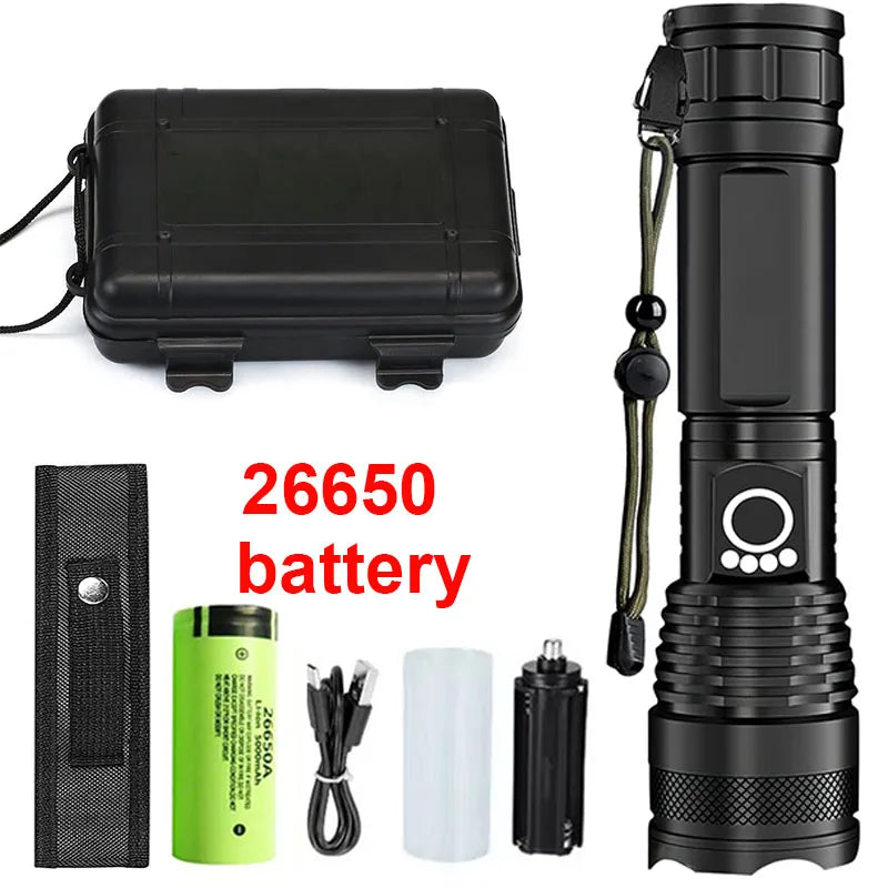 Lampe de Poche Tactique LED Rechargeable – Zoom Télescopique, 5 Modes