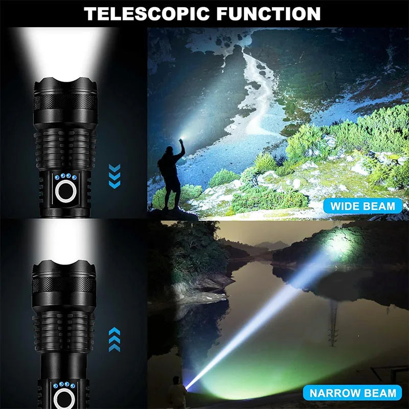 Lampe de Poche Tactique LED Rechargeable – Zoom Télescopique, 5 Modes