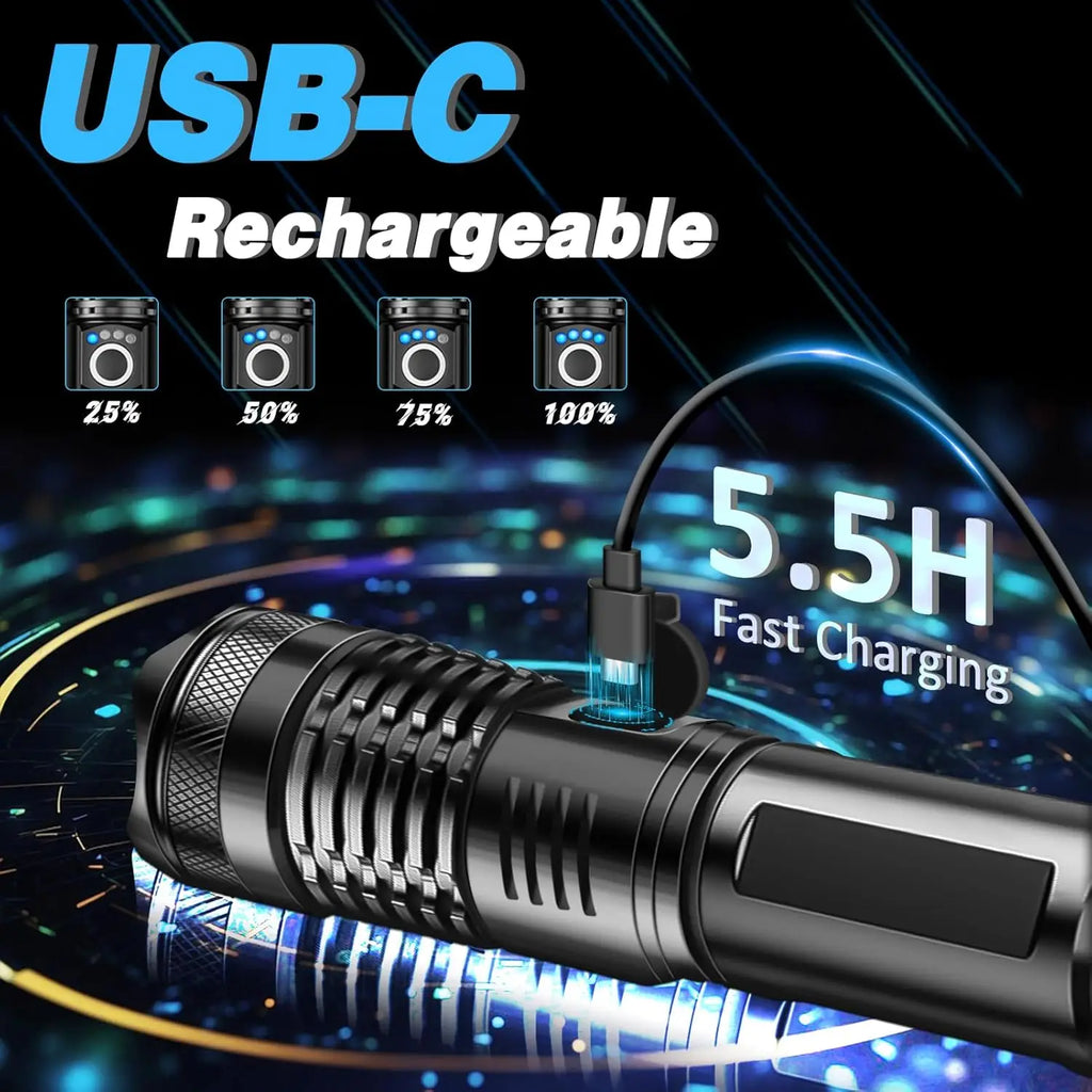 Lampe de Poche Tactique LED Rechargeable – Zoom Télescopique, 5 Modes