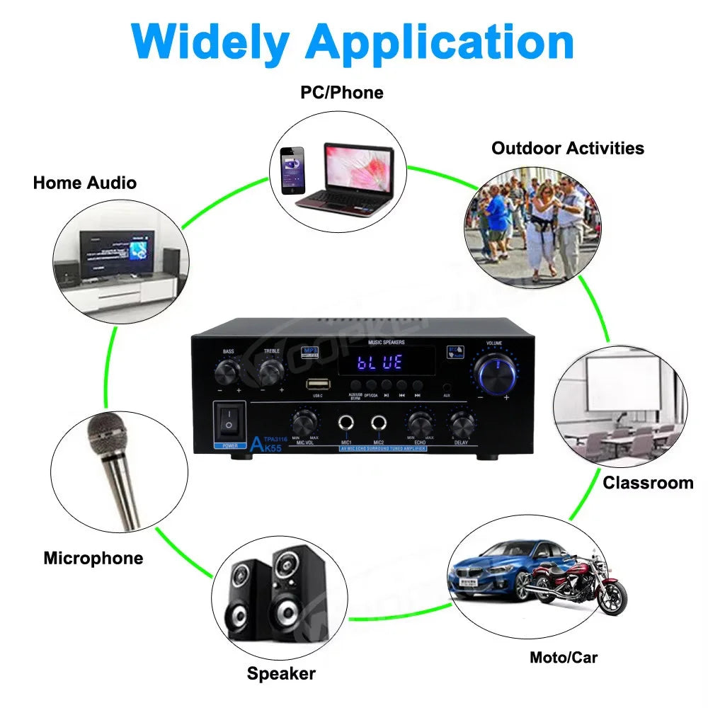Woopker AK35/AK45/AK45 Pro/AK55 amplificateur numérique amplificateur de son Bluetooth 2 canaux HIFi FM USB amplificateur Audio pour maison voiture karaoké