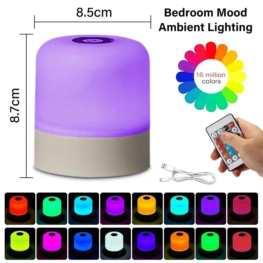 Veilleuse Tactile Rechargeable RGB – Télécommande, 16 Couleurs, Intensité Variable