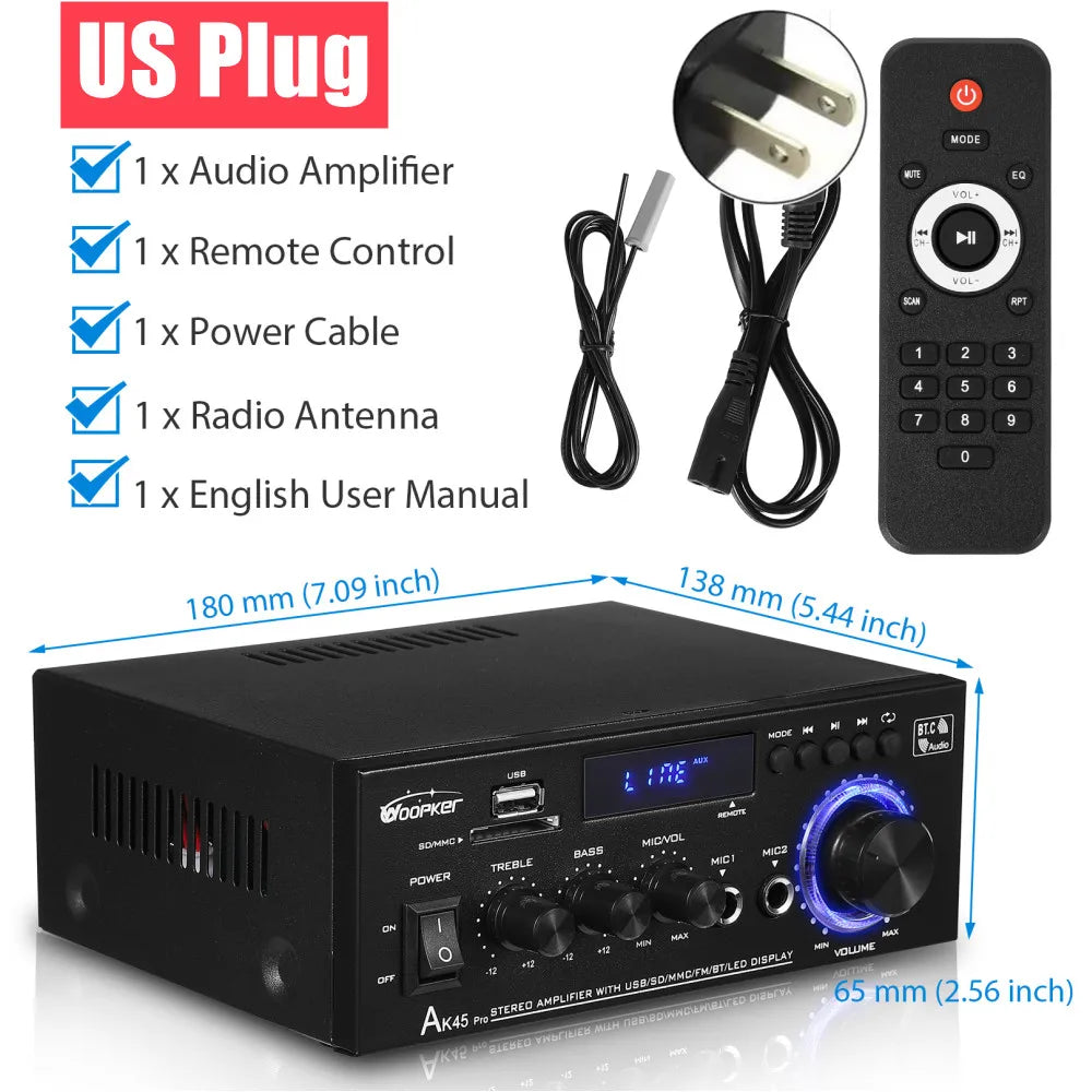 Woopker AK35/AK45/AK45 Pro/AK55 amplificateur numérique amplificateur de son Bluetooth 2 canaux HIFi FM USB amplificateur Audio pour maison voiture karaoké