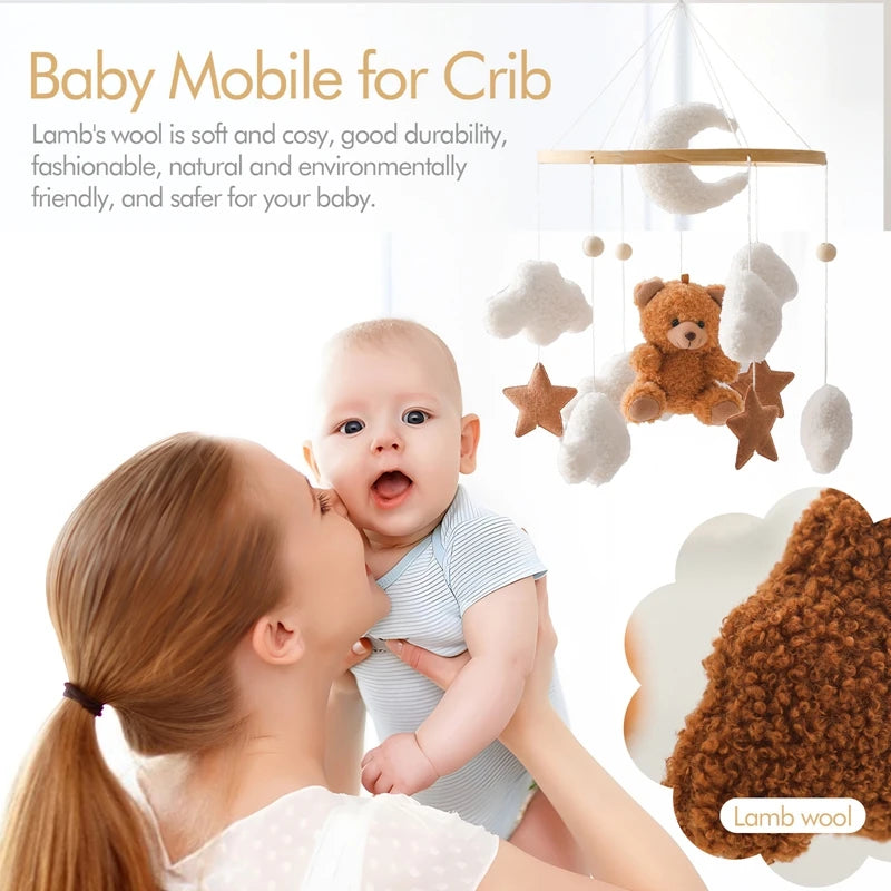 Lit de bébé Mobile en bois, hochet, jouet en feutre doux, ours de dessin animé, support Mobile, boîte à musique pour nouveau-né, cloche de lit, support suspendu
